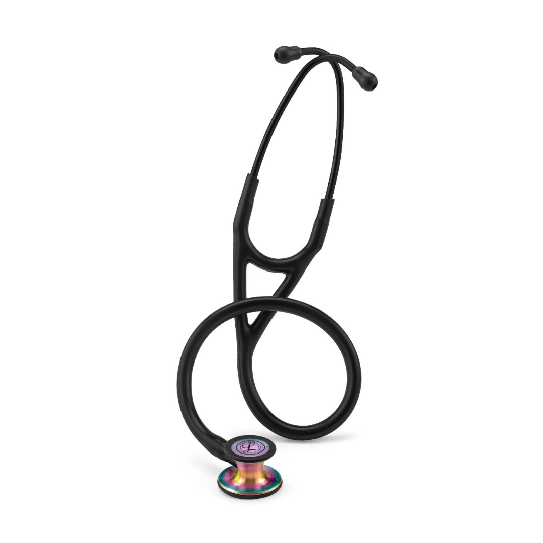 A Littmann® Cardiology IV™ Stethoscope with a black tube and a rainbow-colored chest piece is standing upright on a white background.